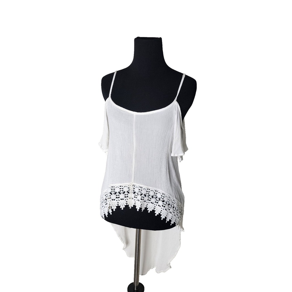 White Scoop‎ Neck Crochet Trim Cold Shoulders Blouse Medium Boho Lagenlook